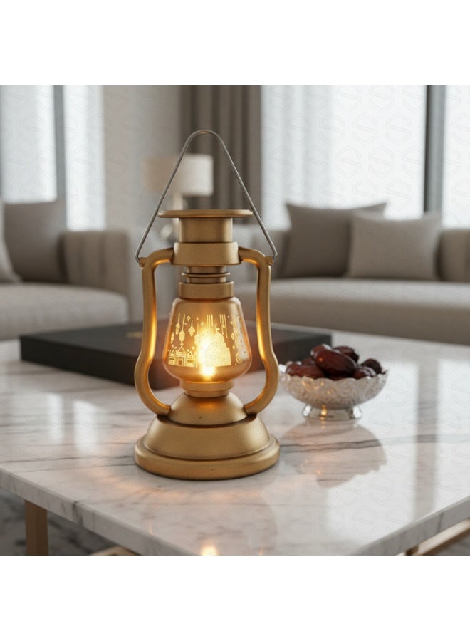 SOBHYS Heritage Glowing Ramadan Fanoos, 24.5cm LED Lantern with Flickering Candle Effect, Islamic Art Hanging Decor, Metallic Finish, Battery Powered (1, GOLD) - Image 4